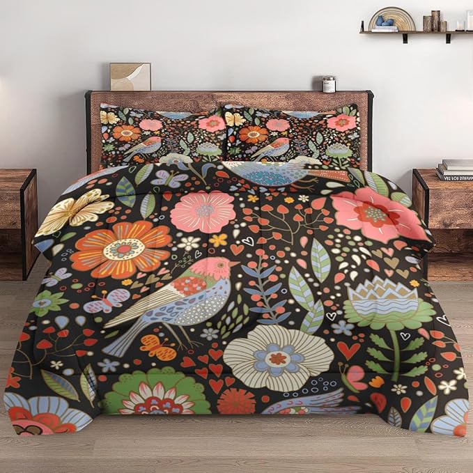 Comforter Set Twin Size, Retro Floral Bird Soft 2 Pcs Bedding for Kids and Adults, Vintage Chinese Flower Comforter Set with Pillowcase, for Bedroom Bed Decor