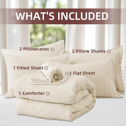 FUANNA Full Size Comforter Sets 7 Pieces, Luxury Seersucker Bed in a Bag Full for All Seasons, Soft Bed Sets with Comforter, Flat Sheet, Fitted Sheet, Pillowcases & Shams for Bedroom, Cream White