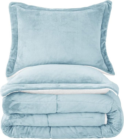 Seward Park Smoke Blue Sherpa Comforter Set King Size, All Season Soft Warm Fleece Fall Blanket, Winter Bedding Sets with 2 Pillow Shams