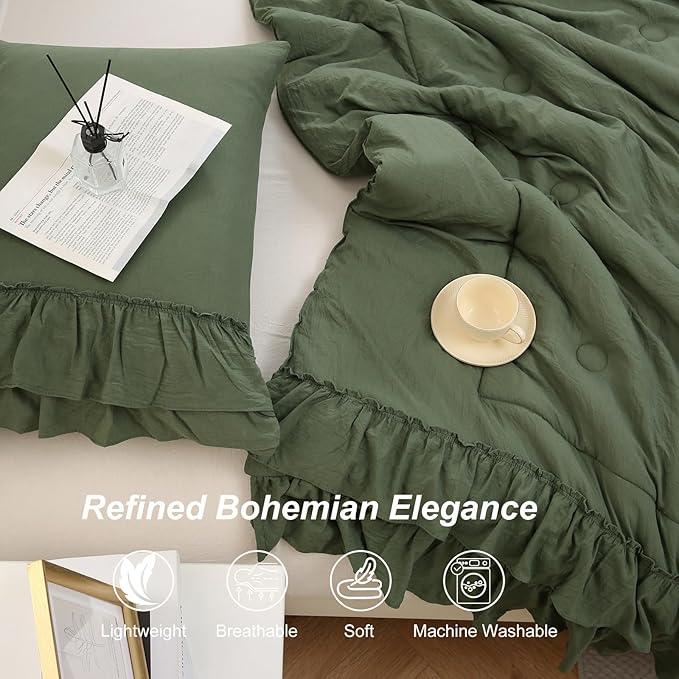 Olive Green Comforter Set King Boho Bedding Set Shabby Chic 2 Layers Ruffled Bedroom Home Decor Ultra Soft Microfiber Farmhouse Down Comforter Bohemian Quilt Set