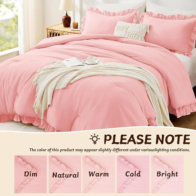FUANNA Pink Queen Comforter Set, 3 Pieces Ruffle Queen Bed Set, Fluffy Bed in a Bag Queen for All Seasons, Shabby Chic Bedding Comforter Sets with 1 Lightweight Comforter & 2 Pillowshams