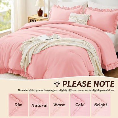 FUANNA Full Size Comforter Sets Pink, 3 Pieces Ruffle Full Size Bedding Sets, Fluffy Bed in a Bag Full for All Seasons, Shabby Chic Full Bed Set with 1 Lightweight Comforter & 2 Pillowshams