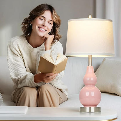 Pink Ceramic Lamps Set of 2, 25" Modern Double Gourd Ceramic Table Lamps for Living Room, Cute Bedside Nightstand Lamps with Fabric Shade for Bedroom End Table Home Office Girls Room(2 Bulbs Included)