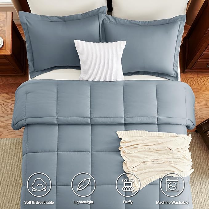 CozyLux Full Size Comforter Sets - Grayish Blue Comforter Full Size, 3 Pieces Box Stitched Bed Set for All Seasons, Soft Lightweight Bedding Sets with 1 Down Alternative Comforter and 2 Pillow Shams