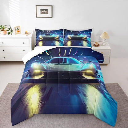 Erosebridal Race Car Bedding Set Queen Size Boys Extreme Sports Comforter Set for Kids Young Man Cool Car Comforter Car Sports Theme Quilt Set for All Season 1 Comforter Set with 2 Pillowcases