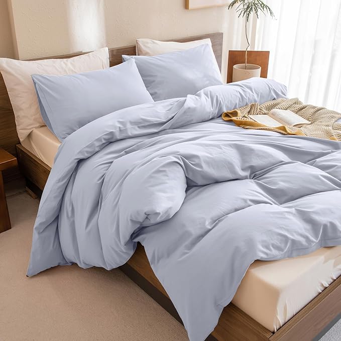 CozyTide King Size Comforter Set,Cotton Light Blue Bedding Comforter Set,3 Pieces (1 Solid Comforter and 2 Pillowcases) Soft Lightweight King Size Bedding Set for All Season