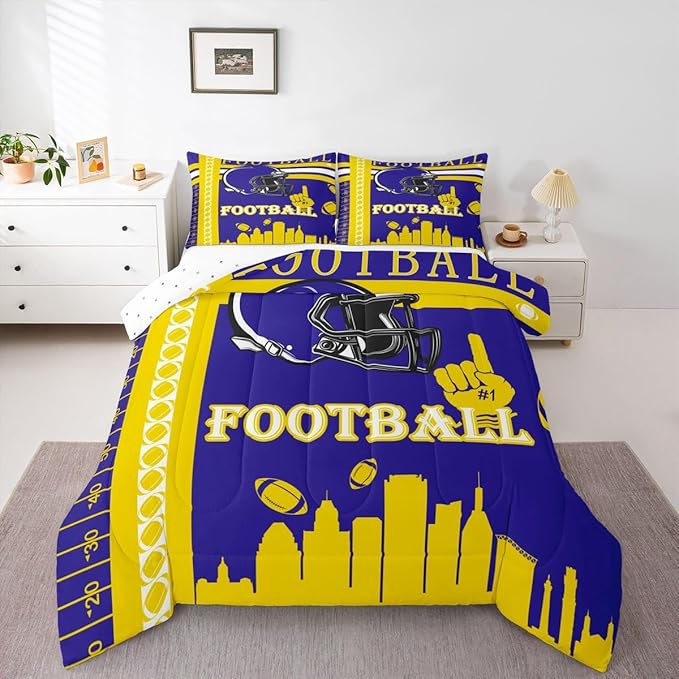 Feelyou Football Bedding Set Boys Girls Comforter Set Full Size Sports Themed Women Men Rugby Sport Duvet Quilt Football City Yellow Purple Room Decor