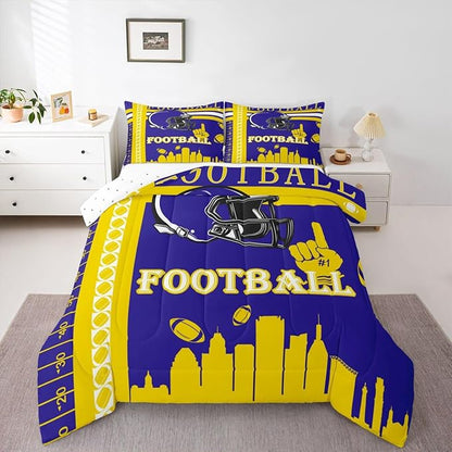 Feelyou Football Bedding Set Boys Girls Comforter Set Full Size Sports Themed Women Men Rugby Sport Duvet Quilt Football City Yellow Purple Room Decor