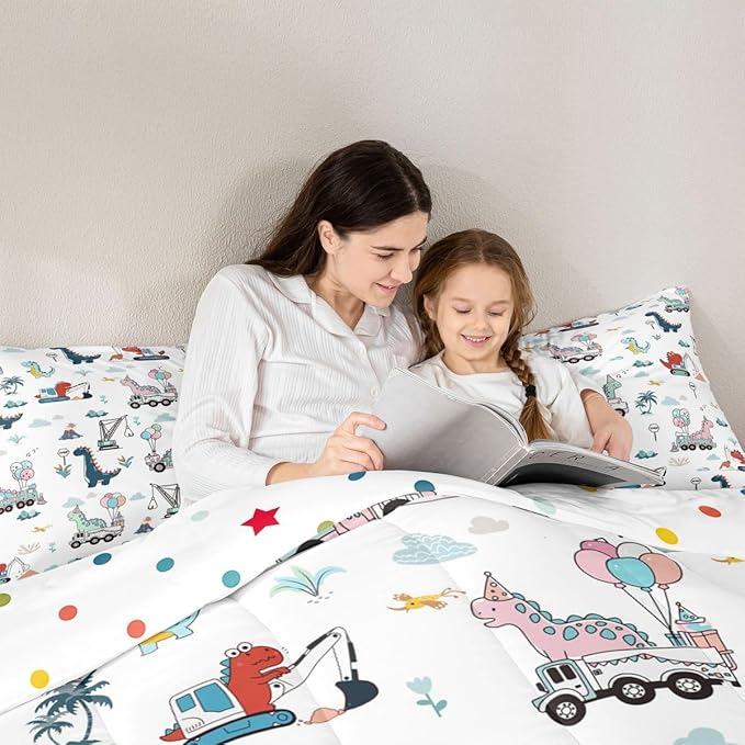 Cartoon Dino Excavator Comforter Set Twin Size, Cartoon Car Dinosaur Construction Comforter Set Kids toddler Construction Vehicles Comforter Construction Site Cars Duvet Set Microfiber Quilt Set