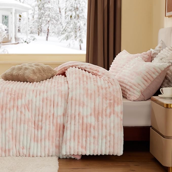 BEDELITE Fleece Twin Comforter Set -Super Soft & Warm Fluffy Pink&White Bedding, Luxury Fuzzy Heavy Bed Set for Winter with 1 Pillow case