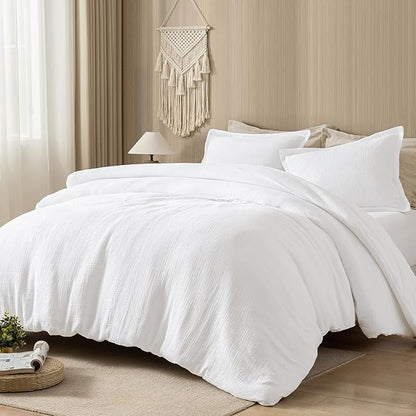 PHF Cotton Muslin Comforter Set Queen – 100% Cotton Cover, Ultra Soft & Breathable, 3PCS Lightweight All-Season Bedding with Polyester Fill, 1 Comforter 90"x90" & 2 Pillow Shams 20"x26", White
