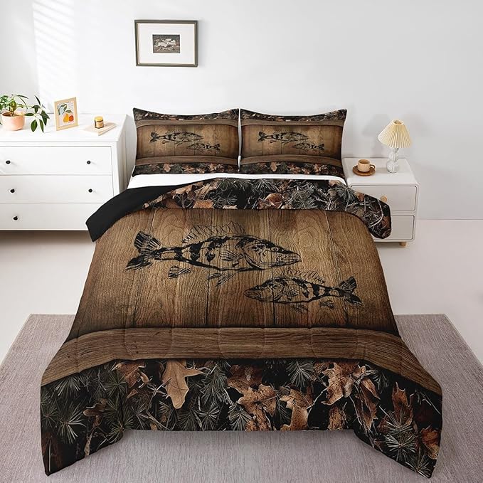 Erosebridal Camo Bass Fish Bedding Comforter Sets Fishing Bass Big Fish Bedding Set Full Rustic Farmhouse Lake House Comforter Set for Boys Men Fisherman,Retro Tree Camouflage Cabin Quilt Set
