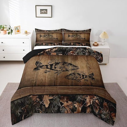 Erosebridal Camo Bass Fish Bedding Comforter Sets Fishing Bass Big Fish Bedding Set Full Rustic Farmhouse Lake House Comforter Set for Boys Men Fisherman,Retro Tree Camouflage Cabin Quilt Set