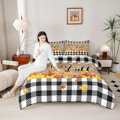 Fall Thanksgiving Bedding Set King Autumn Harvest Seasonal Comforter Set Gifts For Kids Teen Adults,Black White Buffalo Plaid Checkered Comforter Rustic Farmhouse Quilt Bedding Brown 2 Pillow Cases
