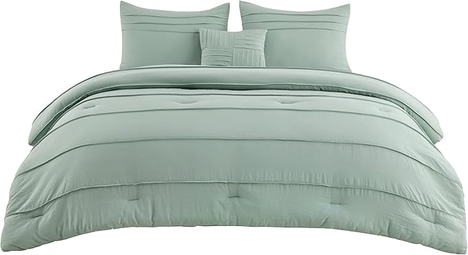 Bedsure Queen Comforter Set - 4 Pieces Pinch Pleat Bed Set, Sage Green Boho Bedding for All Season, 1 Soft Comforter, 2 Pillowcases, 1 Decorative Pillow