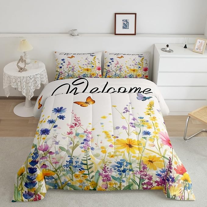 Erosebridal Wildflower Bedding Set King Watercolor Boho Floral Comforter Set Cute Botanical Plant Bedding Comforter Sets for Kids Adults Nature Flowers Butterfly Bed Set Aesthetics Home Decor