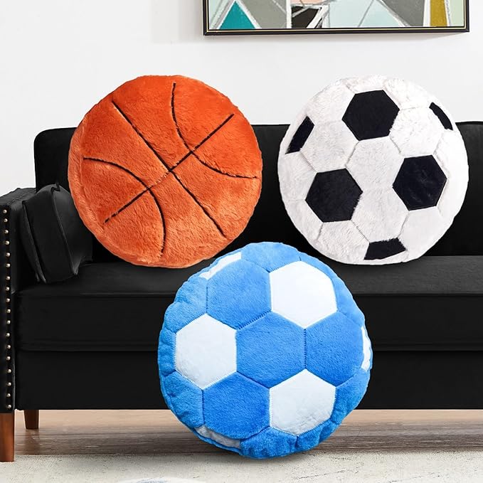 Blue Soccer Pillow Fluffy Soccer Ball Throw Pillow for Bedroom Decor Soft Sports Themed Room Accent Perfect for Soccer Decorations Valentines Day Gifts 15.7 Inches