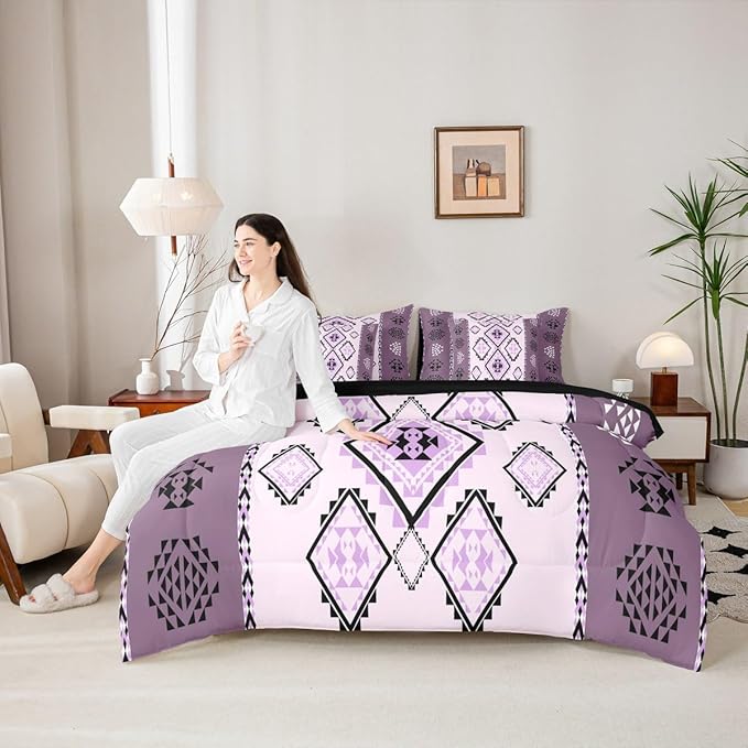 Erosebridal Western Full Comforter Set with Sheets 7 Piece Boho Aztec Bed in A Bag Exotic Native American Bedding Sets for Women Adult Ethnic Tribal Geometric Diamond Bed Set Rustic Purple Room Decor