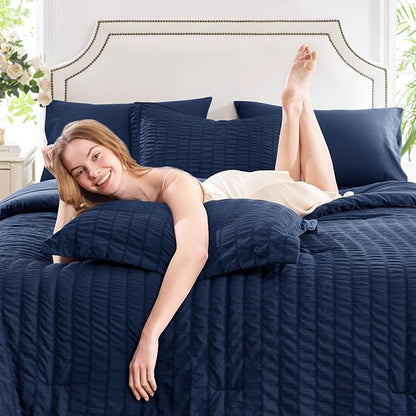 CozyLux Queen Comforter Set Navy Blue Seersucker 7 Pieces Bed in a Bag Queen Comforter Set with Sheets Luxury Soft Bedding Set with Down Alternative Comforter, Sheets, Pillowcases & Shams All Seasons