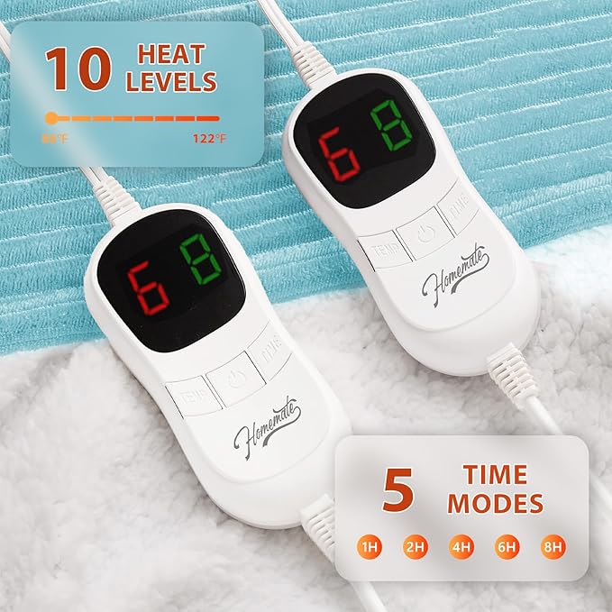 Homemate Electric Heated Blanket Queen Size - 84"x90" Heating Blanket Queen Size Dual Control 1/2/4/6/8 Hours Auto-Off 10 Heat Level Over-Heat Protection Soft Flannel Sherpa ETL Certification