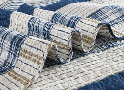 Homzard Twin Comforter- Blue Twin Bedding Sets, Plaid Striped Twin Quilt, Blue White Tan Quilt 100% Cotton, Farmhouse Comforter Bedspread 2 Pieces