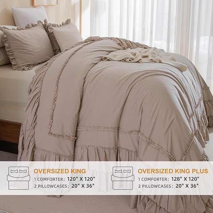 Masaca Oversized King Comforter 120x120,3 Pieces Farmhouse Ruffle Bedding Comforter Set,Taupe Shabby Boho Chic Cal King Comforter Oversized,Lightweight Rustic Bedding Set Ultra Soft