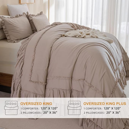 Masaca Oversized King Comforter 120x120,3 Pieces Farmhouse Ruffle Bedding Comforter Set,Taupe Shabby Boho Chic Cal King Comforter Oversized,Lightweight Rustic Bedding Set Ultra Soft