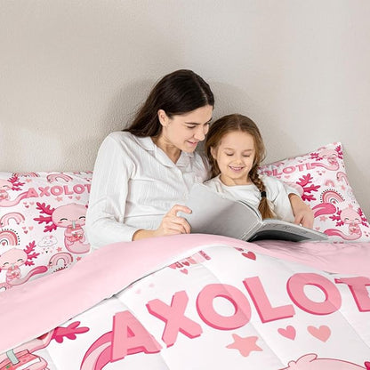 Manfei Cute Axolotl Kids Comforter Set King Size,Stars Rainbow Cartoon Bedding Set,Girls Boys Adults Room Decor,Strawberry Love Heart Romantic Down Comforter,Pink Kawaii Duvet Insert,2 Pillowcases