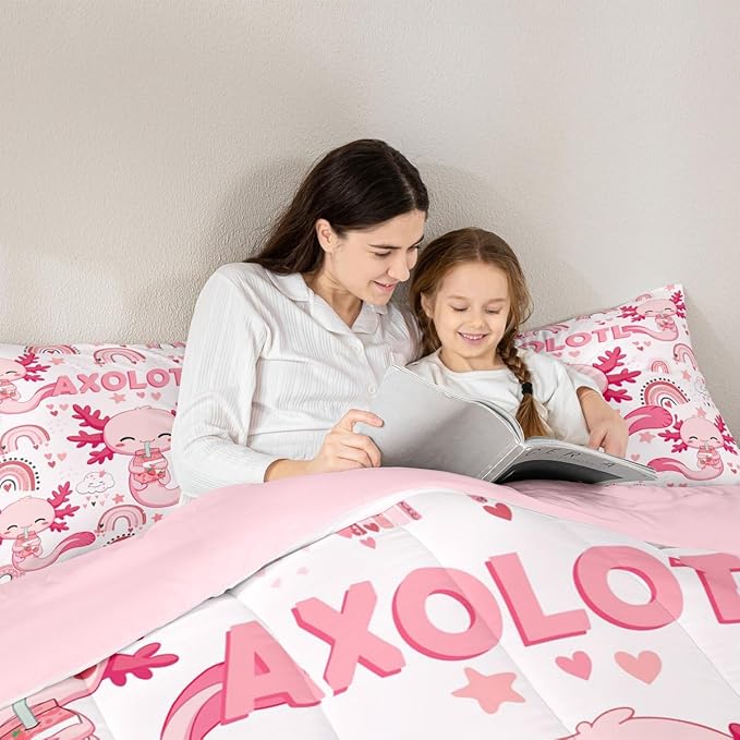 Manfei Cute Axolotl Kids Comforter Set Full Size,Stars Rainbow Cartoon Bedding Set,Girls Boys Adults Room Decor,Strawberry Love Heart Romantic Down Comforter,Pink Kawaii Duvet Insert,2 Pillowcases