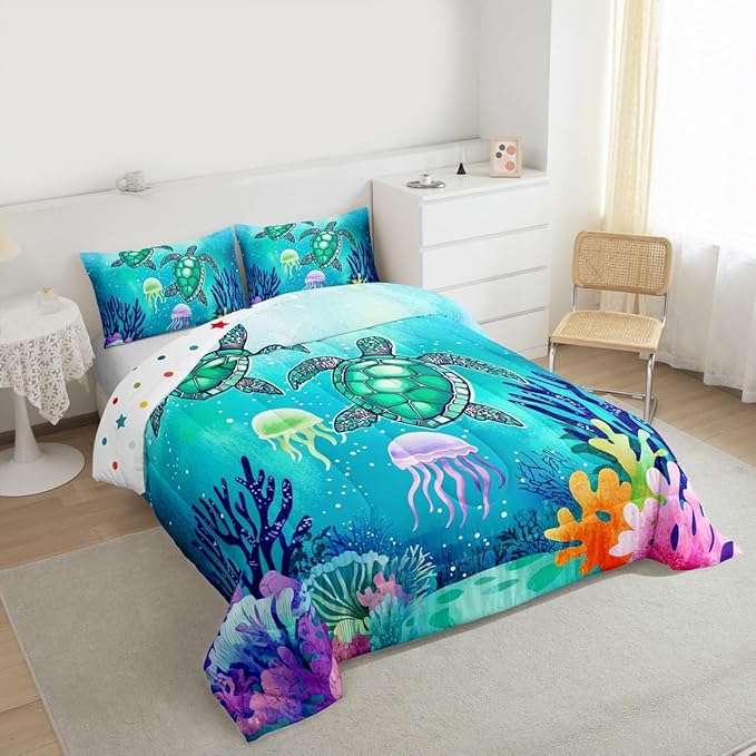 Sea Turtle Bedding Set Green Blue Ocean Down Comforter King,Colorful Underwater World Comforter Set for Kids Child,Nautical Sea Animal Reptile Bed Quilt Under Sea Fish Jellyfish Bedroom Decor