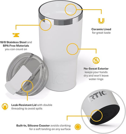 RTIC 20oz Essential Tumbler with Lid, Ceramic Lined, Insulated, Stainless Steel, Metal, Double Wall Vacuum-Insulation, Travel Cup for Iced Coffee, Tea, Hot and Cold Drink, Retro Stripes