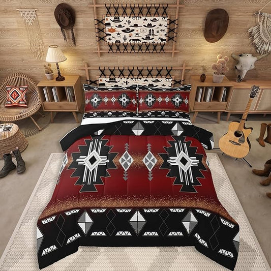 Erosebridal Rustic Western Twin Bedding Set, Southwestern Aztec Comforter Set for Boys Teens Men Bedroom, Exotic American Native Quilt Vintage Bohemian Geometric Bedding Comforter Sets, Red Black