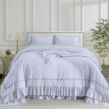 CozyTide Oversized King Comforter 128x120,Cotton Farmhouse Ruffled Bedding Comforter Set Lightweight Ultra Soft Vintage French Country Bedding 3PCS(1 Light Blue Ruffle Comforter+2 Pillowcases)