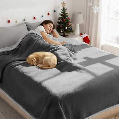 Makigued Waterproof Dog Blanket for Couch & Bed, Reversible Sherpa Fleece Pet Throw with Quiet TPU Barrier, Machine Washable Furniture Protector for Large Dogs & Cats, Queen Size 80x90 Inch, Gray