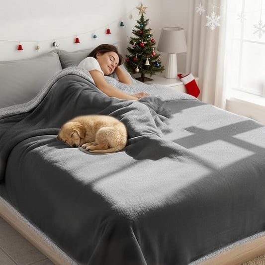 Makigued Waterproof Dog Blanket for Couch & Bed, Reversible Sherpa Fleece Pet Throw with Quiet TPU Barrier, Machine Washable Furniture Protector for Large Dogs & Cats, Queen Size 80x90 Inch, Gray