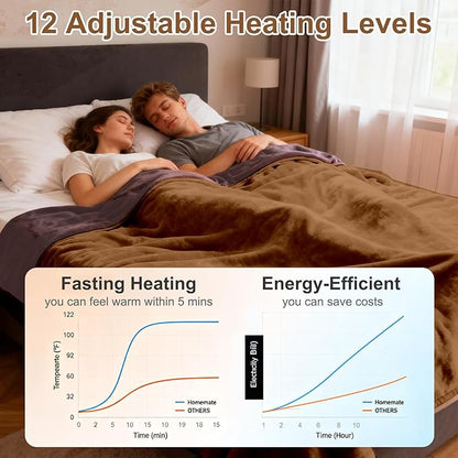 Heated Blanket Queen Size, 84"x90" Electric Heating Soft Dual-Sided Flannel Machine Washable Blanket, 12 Heat Levels & 12 Hours Auto Off, Soft Warm Flannel Blanket, Overheat Protection with ETL & FCC