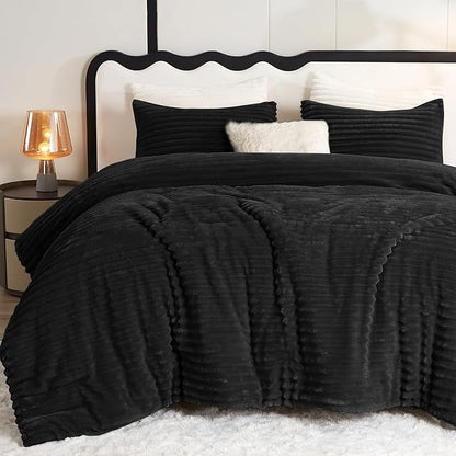 CozyLux Fluffy Full Size Comforter Sets - Super Soft Faux Fur Black Comforter Full Size, Winter Warm Fleece Bedding Set, 3 Pieces Plush Fuzzy Bed Set (1 Shaggy Comforter, 2 Pillowcases)