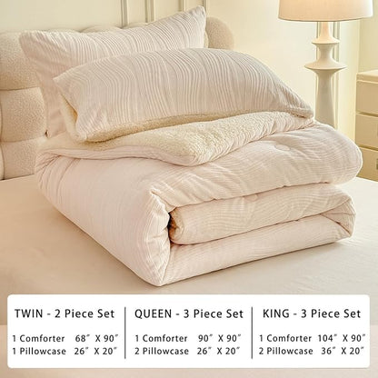 3D Striped Jacquard Sherpa Comforter Set Twin Size, Boho Geometric Pattern Quilt Bedding 2 Pieces Warm Cozy Fuzzy Comforter with 2 Pillowcases(68"X90" Ivory White)