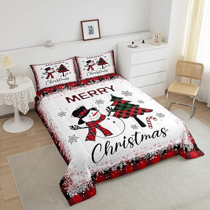 Snowman Christmas Tree Comforter Set King Size,Geometric Black Red Plaid Quilt Set Winter Snowflake Print Bedding Set for Kids Boys Girls Adult Room Decor Happy New Year Duvet Insert 3Pcs