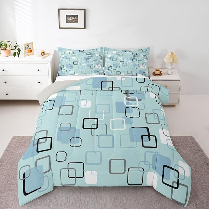 Erosebridal Aqua Geometric Square Bedding Set Full Modern Stripes Aesthetic Comforter Set for Kids Girls Boys Modern Gradient Ombre Down Comforter Soft Teal Grid Quilt Duvet