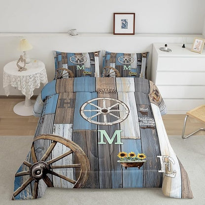 Rustic Farmhouse Quilt Set Twin For Men Western Country Cabin Bedding Set Farm Animal Sunflower Comforter Set Retro Barn Door Wheel Windmill Duvet Insert Grunge Brown Planks Decor 1 Pillow Case