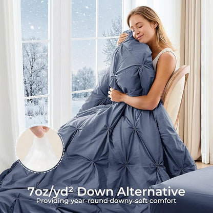 Sasttie King Size Comforter Set, 7-Piece Bed in a Bag, Pintuck Bedding Set for All Season, Includes Comforter, Flat Sheet, Fitted Sheet, Pillowcases and Pillowshams, Indigo Blue