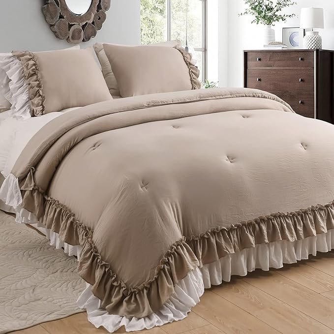 Masaca Ruffled Comforter Set Queen,Farmhouse Shabby Bedding Comforter Sets Vintage French Country Taupe and White Bedding 3PCS（1 Shabby Comforter and 2 Ruffle Pillowcases）