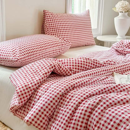 NSNLGSGC Red Gingham Cotton Comforter Set Twin, 100% Washed Cotton Plaid Checked Comforter Bedding, 2 Pieces Vintage Farmhouse Grid Bedding Set(Red Gingham, Twin)
