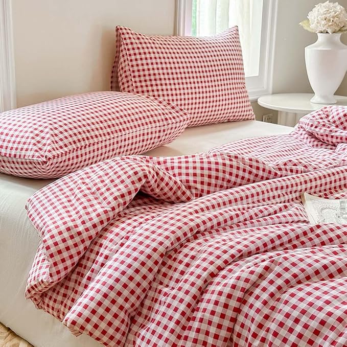 NSNLGSGC Red Gingham Cotton Comforter Set King, 100% Washed Cotton Red Plaid Checked Comforter Bedding, 3 Pieces Vintage Farmhouse Grid Bedding Set(Red Gingham, King)