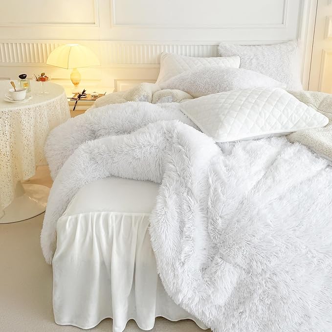 UOZZI BEDDING White Faux Fur Comforter Set Queen 3 Pieces - 1 White Shaggy Comforter Set and 2 Pillowcases, Ultra Soft and Easy Care Luxury Plush Shaggy Duvet Set