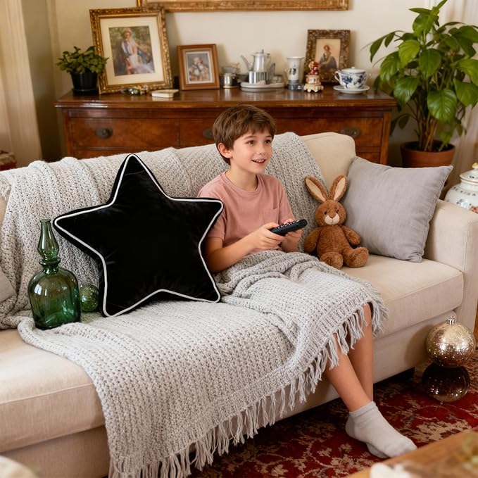 Star Pillow - Decorative Throw Pillows Floor Cushion Accent Pillow for Sofa Bed Couch Bedroom Black