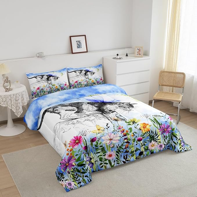 Erosebridal Cat Comforter Colorful Flower Bedding Set Cute Pet Animal Down King Butterfly Floral Leaves Plant Duvet Black and White Kawaii Farmhouse Room Decor Blue 3Pcs Warm Soft