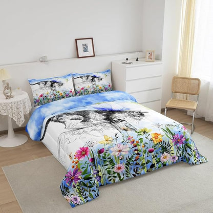Erosebridal Cat Comforter Colorful Flower Bedding Set Cute Pet Animal Down Full Butterfly Floral Leaves Plant Duvet Black and White Kawaii Farmhouse Room Decor Blue 3Pcs Warm Soft