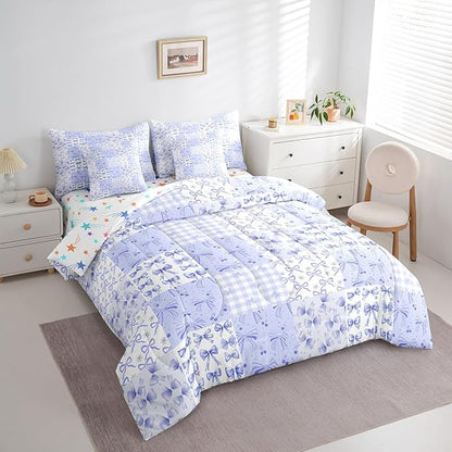 Feelyou Purple Bow Comforter Set with Sheets Full Size Kids Bowknot Plaid 7 Pieces Bedding Set for Boys Girls Teens Gift for Girls Women Grid Bed in a Bag Breathable Princess Décor Bed Set